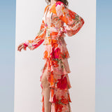 Chiffon Coral Printed Tiered Dress