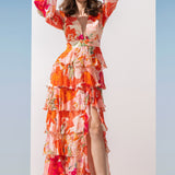 Chiffon Coral Printed Tiered Dress