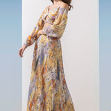 Chiffon Yellow Prints Pleated Dress