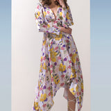 Satin Yellow Multi Printed Asymmetric Dress