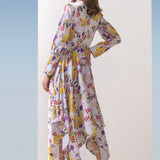 Satin Yellow Multi Printed Asymmetric Dress