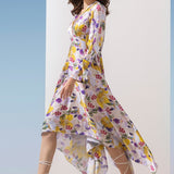 Satin Yellow Multi Printed Asymmetric Dress