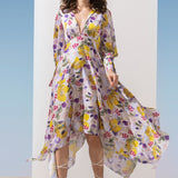 Satin Yellow Multi Printed Asymmetric Dress