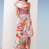 Satin Orange Multi Printed One Shoulder Dress