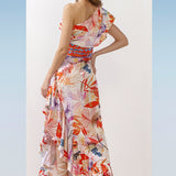 Satin Orange Multi Printed One Shoulder Dress
