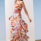 Satin Orange Multi Printed One Shoulder Dress