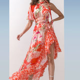 Chiffon Coral Printed Frill Dress