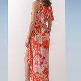 Chiffon Coral Printed Frill Dress
