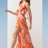 Chiffon Coral Printed Frill Dress