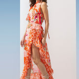 Chiffon Coral Printed Frill Dress