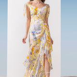 Chiffon Yellow Multi Printed Tie Shoulder Dress