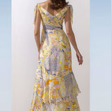 Chiffon Yellow Multi Printed Tie Shoulder Dress