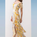 Chiffon Yellow Multi Printed Tie Shoulder Dress