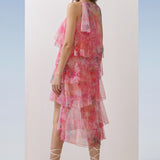 Pink Net Printed Tiered Dress