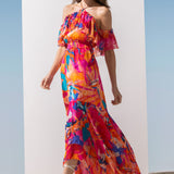 Chiffon Pink Multi Printed Asymmetric Dress
