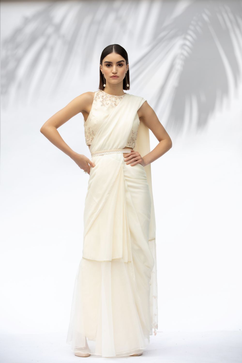 Ivory Pre Pleated Sari Set