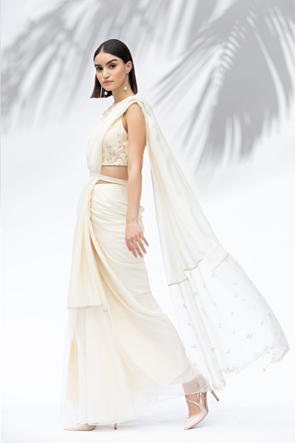 Ivory Pre Pleated Sari Set