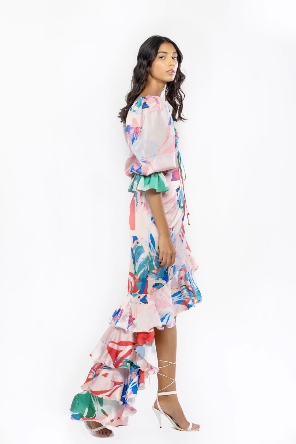 Satin Printed Rooshed Top With High Low Skirt