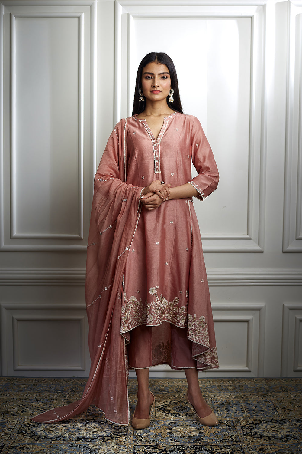 Dusty Pink Embroidered High Low Kurta Set