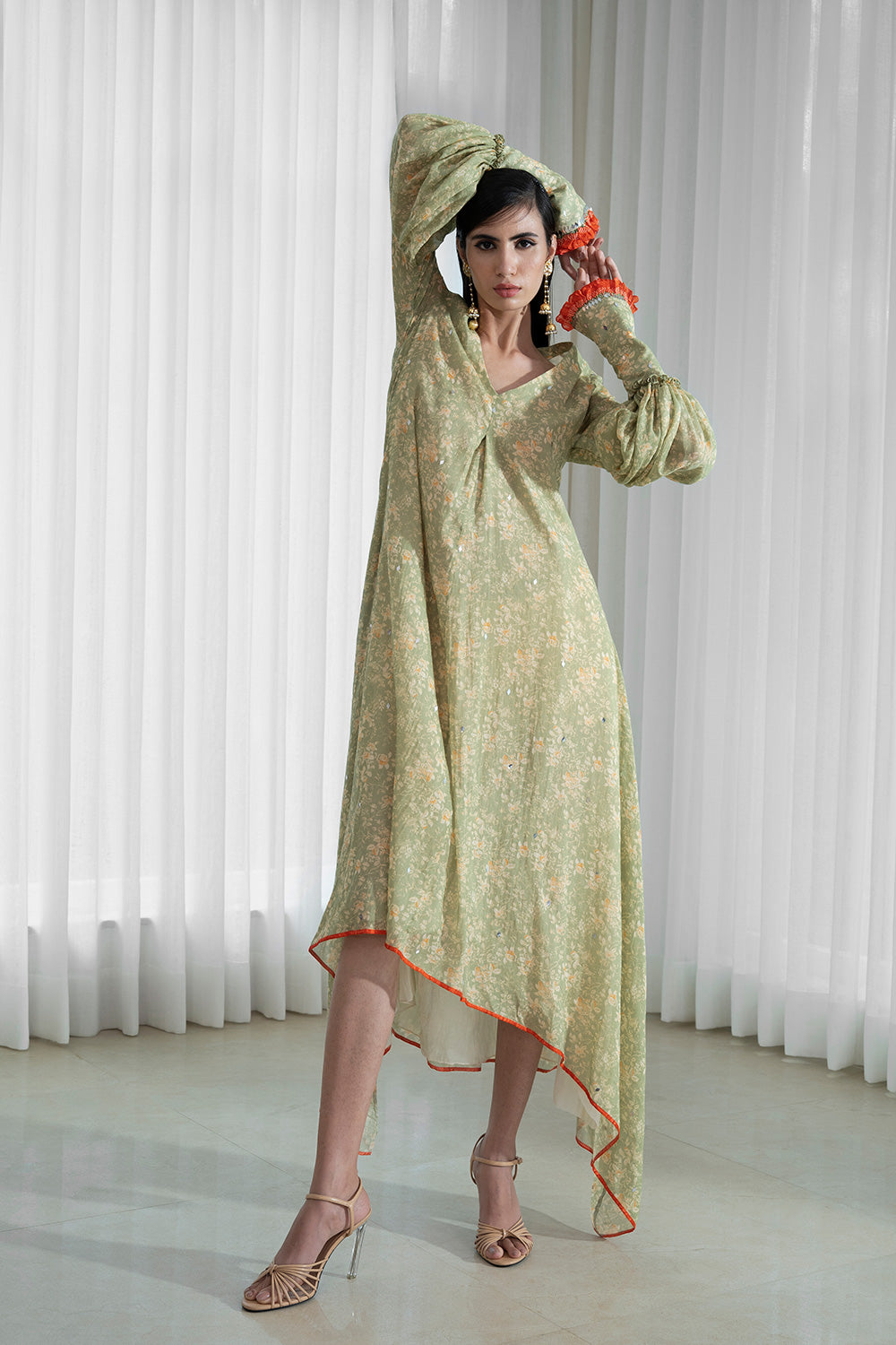 Printed Assymetrical Tunic Dress With Contrast Piping Details
