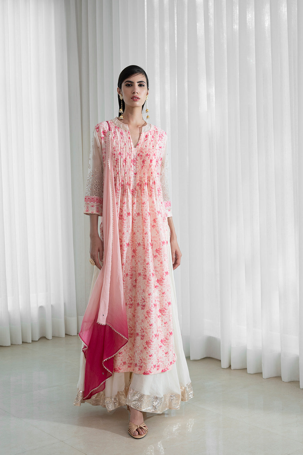 Pintucks Kurta With Sharara And Dupatta