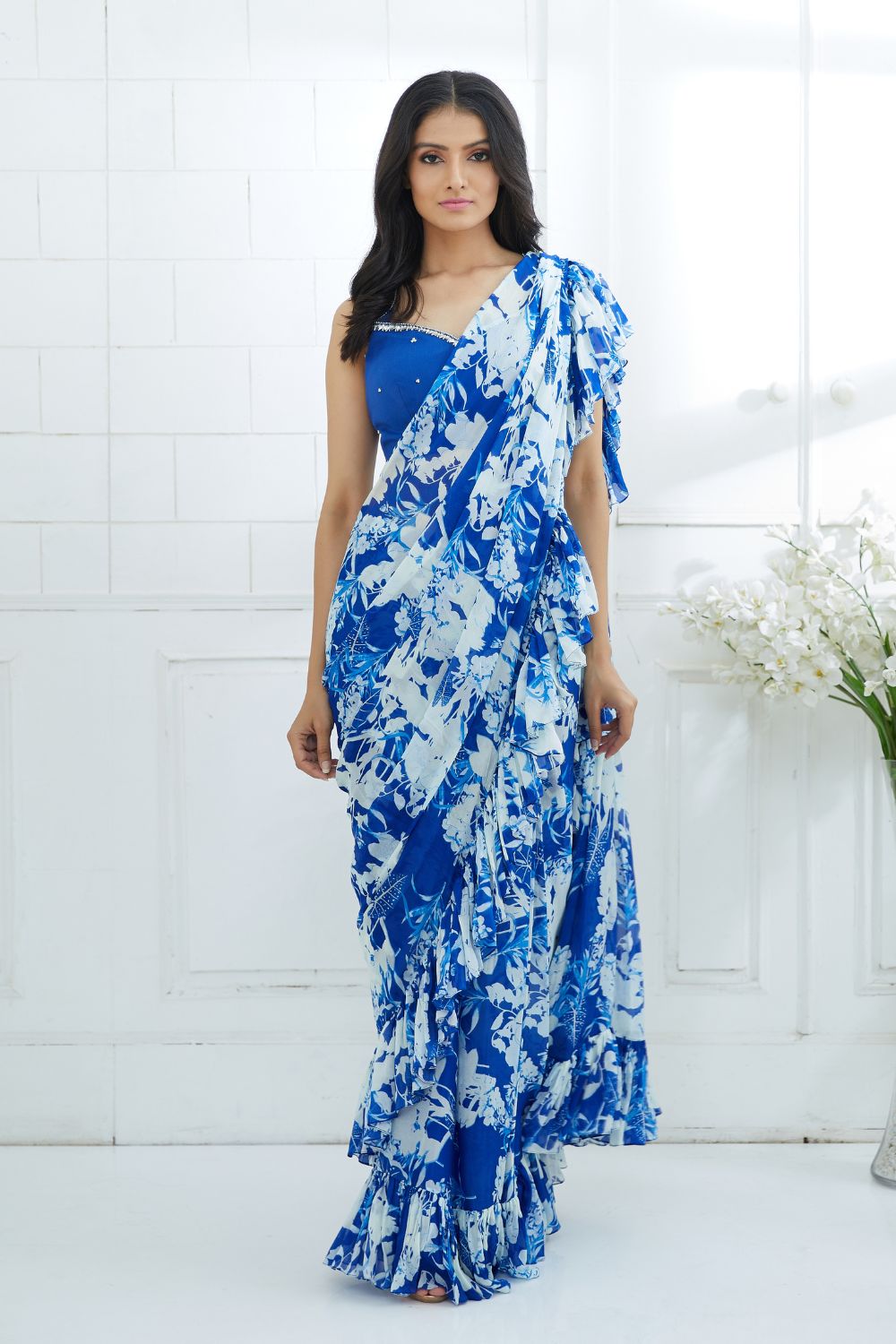 Blue Embroidered Blouse With Printed Ruffle Saree