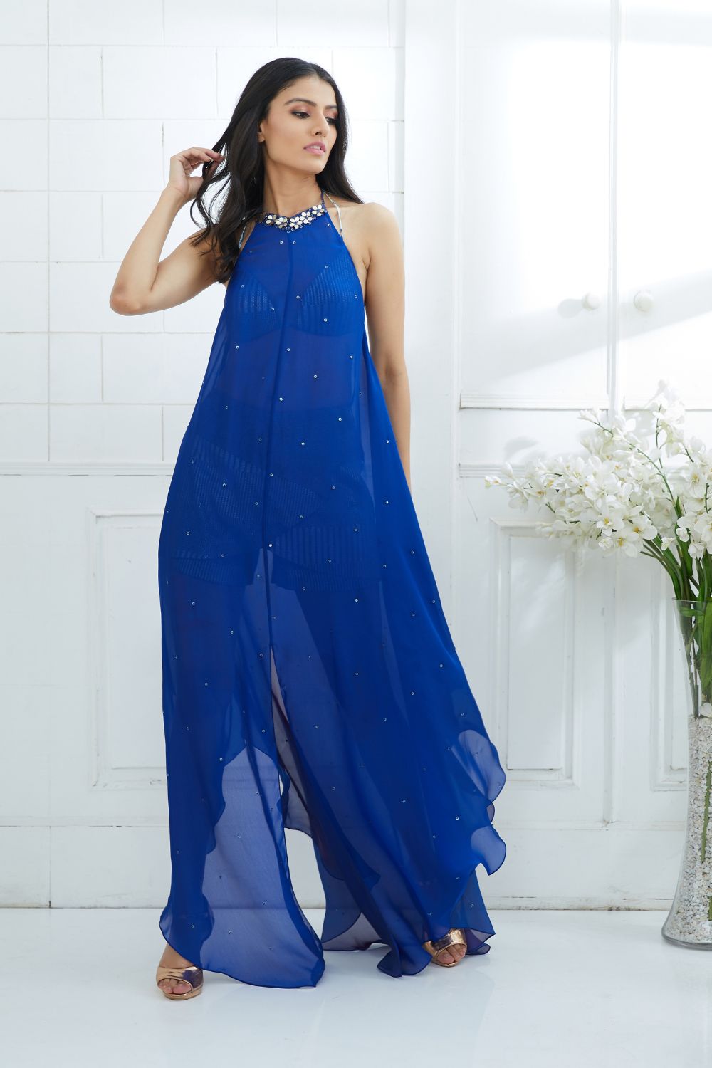 Blue Ombre Dress Embellished With Hand Embroidery