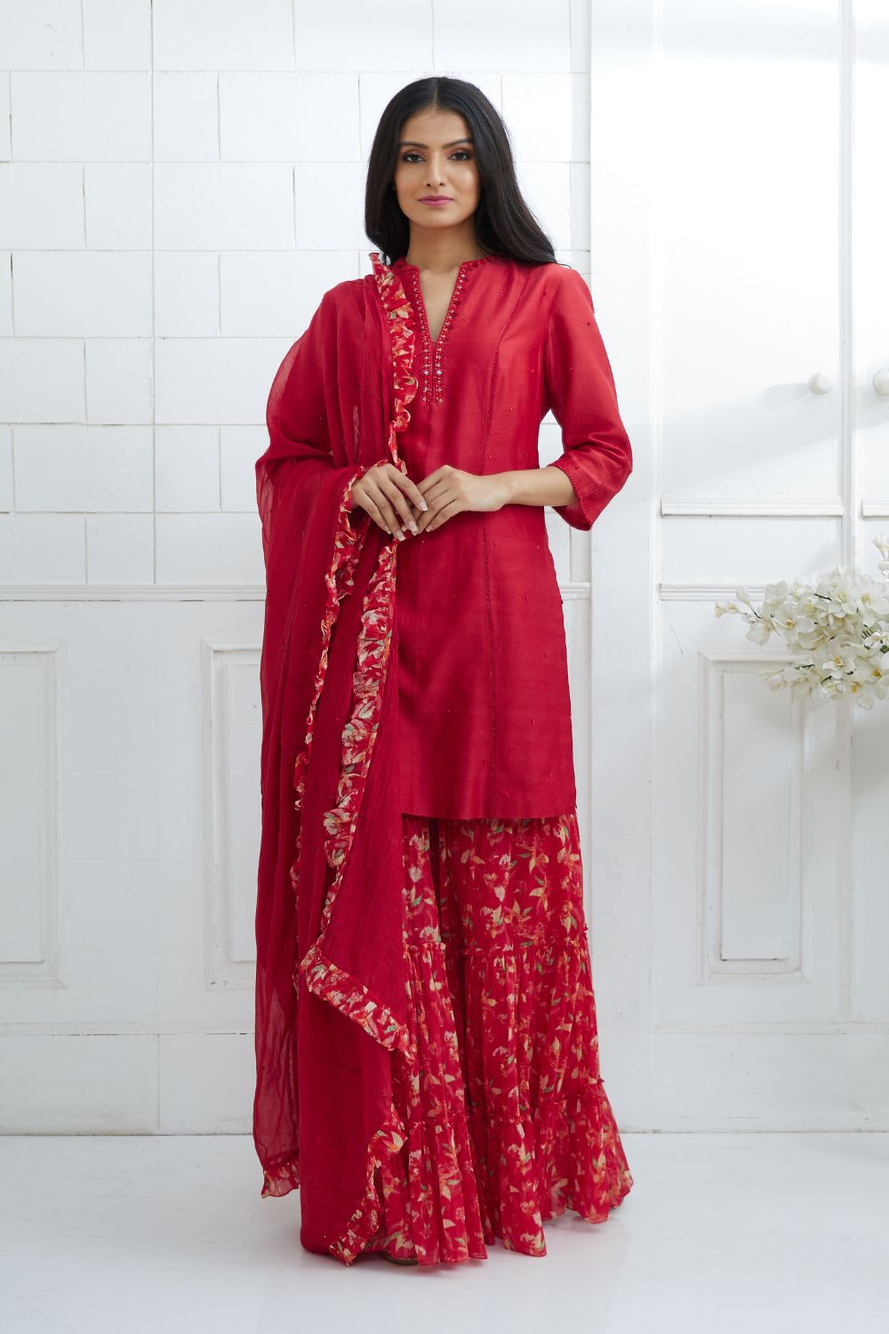 Red Embroidered Kurta With Tiered Sharara And Dupatta
