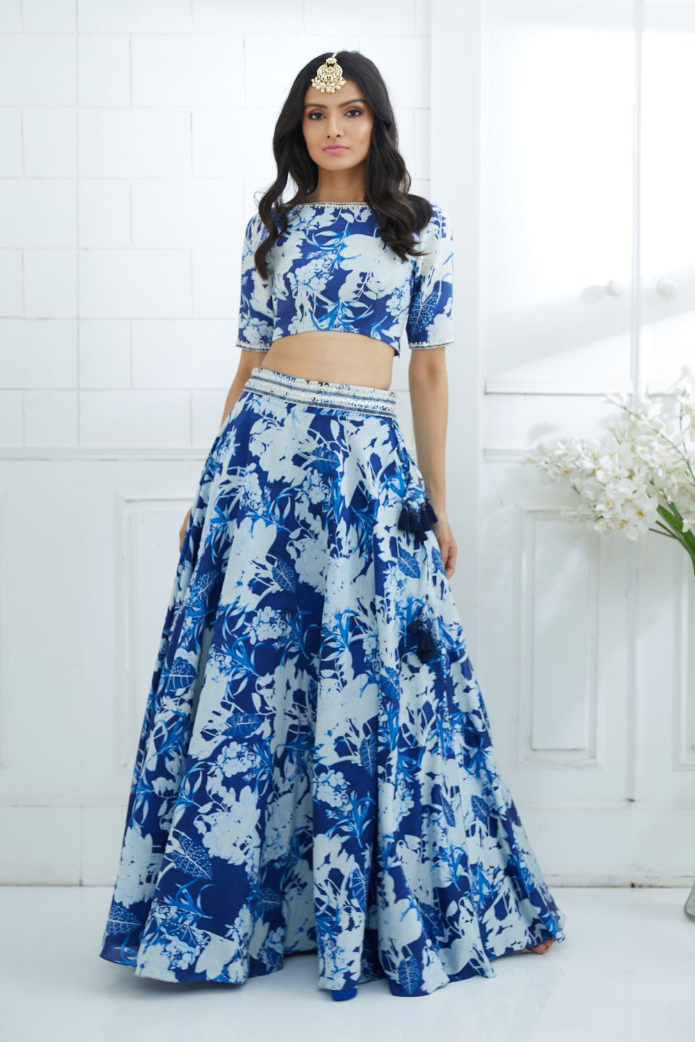 Blue Printed Embroidered Blouse And Lehenga