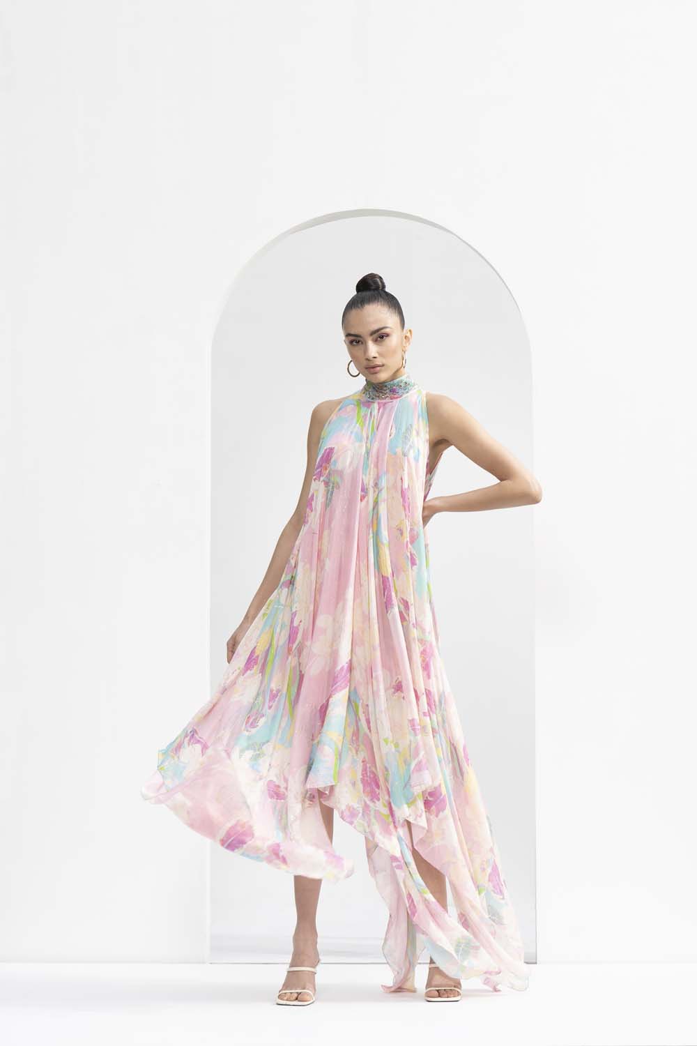 Gold foil tropical printed chiffon high-low dress with hand-embroidered collar.