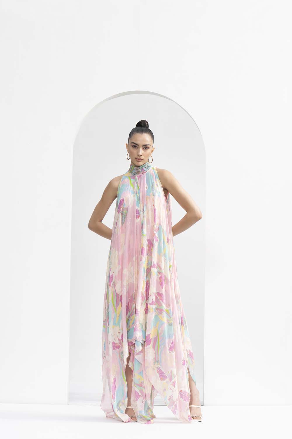 Gold foil tropical printed chiffon high-low dress with hand-embroidered collar.