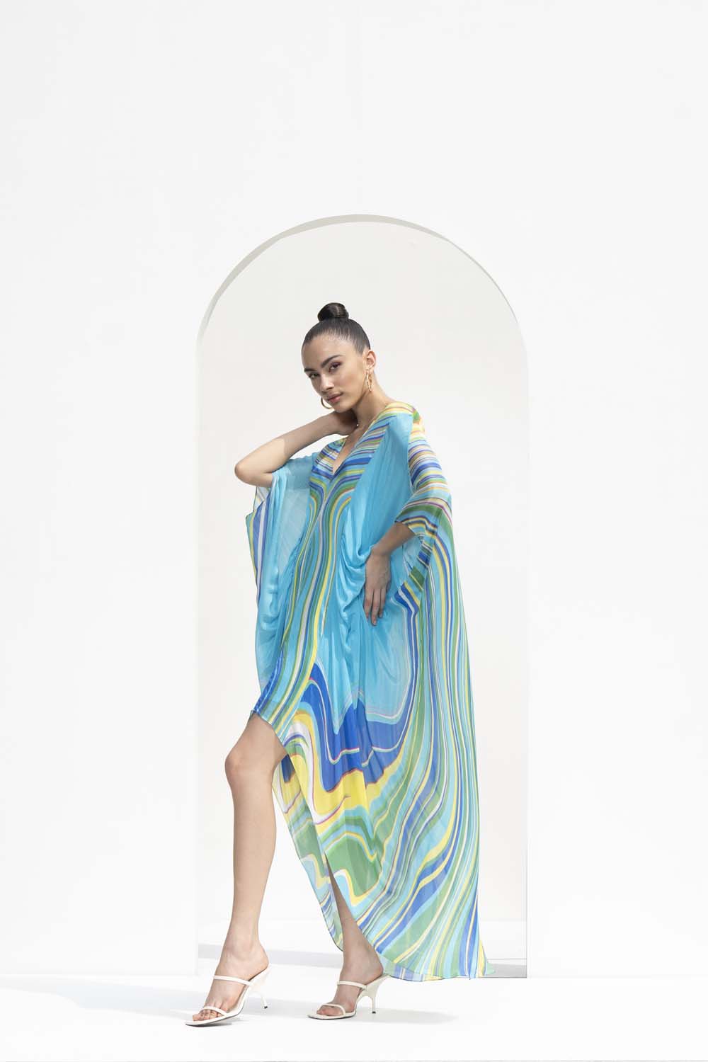 Blue marble placement printed chiffon kaftan designed with a high low hem.