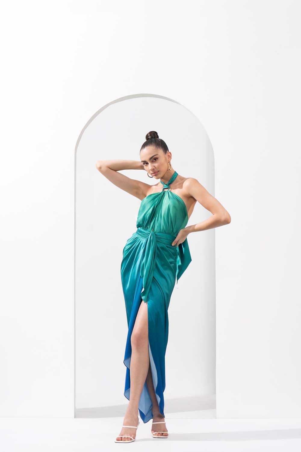Ombre printed dress made from lustrous satin with a draped waist.
