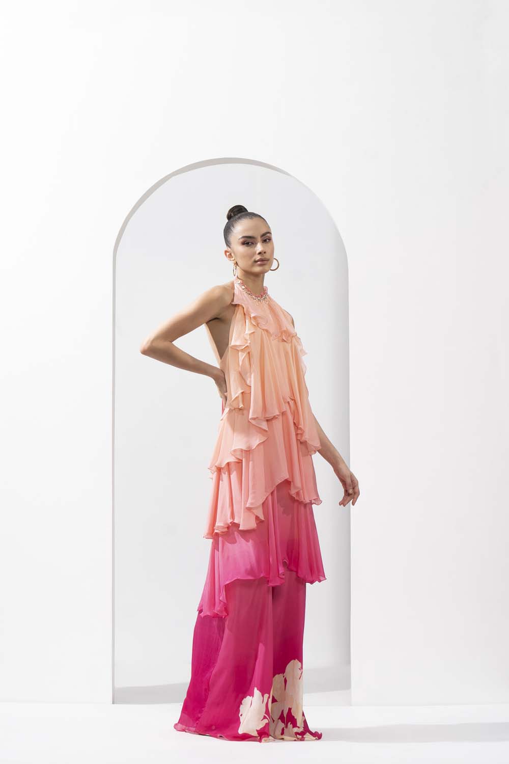 Ombre placement printed chiffon tiered dress with delicate hand embroidery on the neckline.