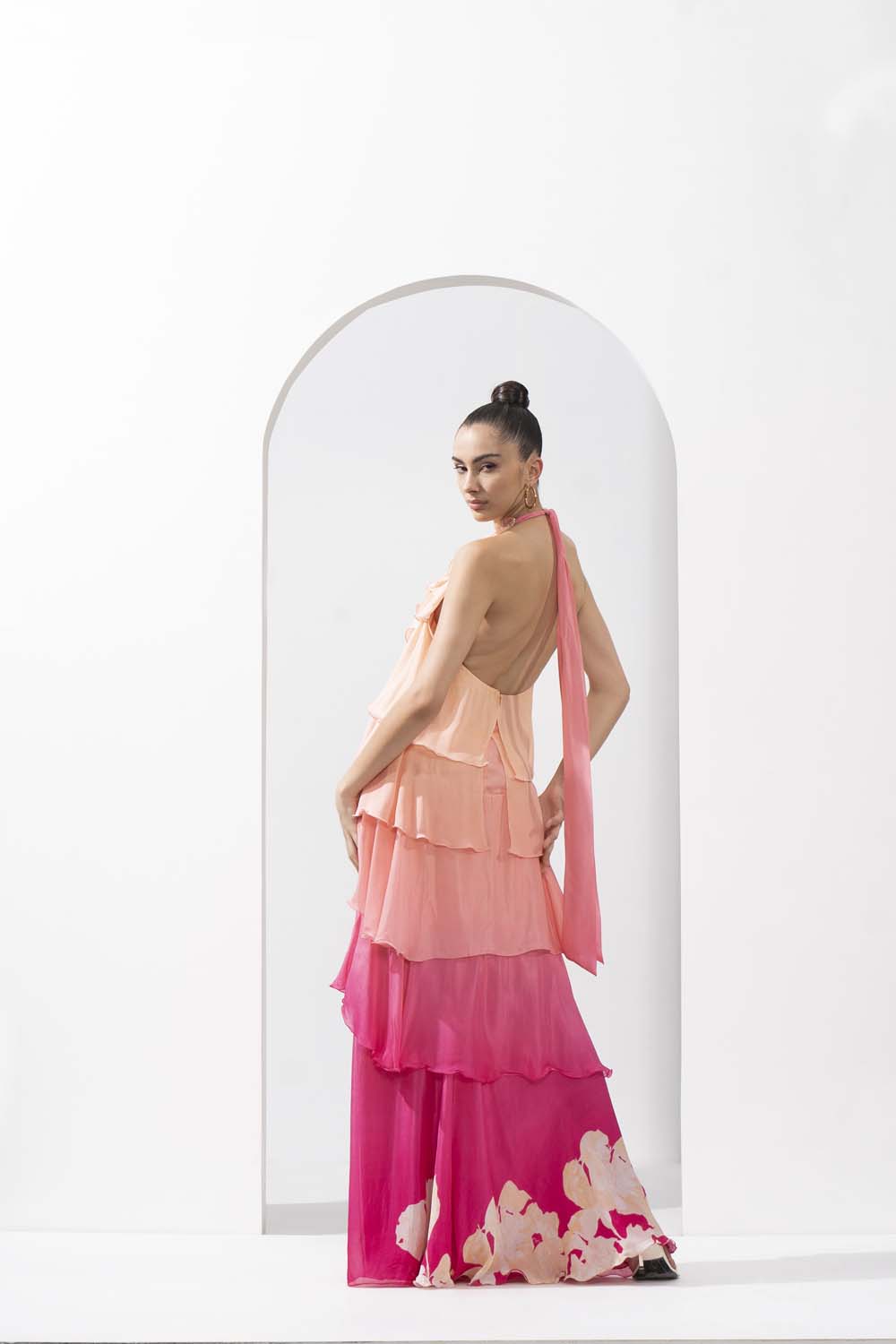 Ombre placement printed chiffon tiered dress with delicate hand embroidery on the neckline.