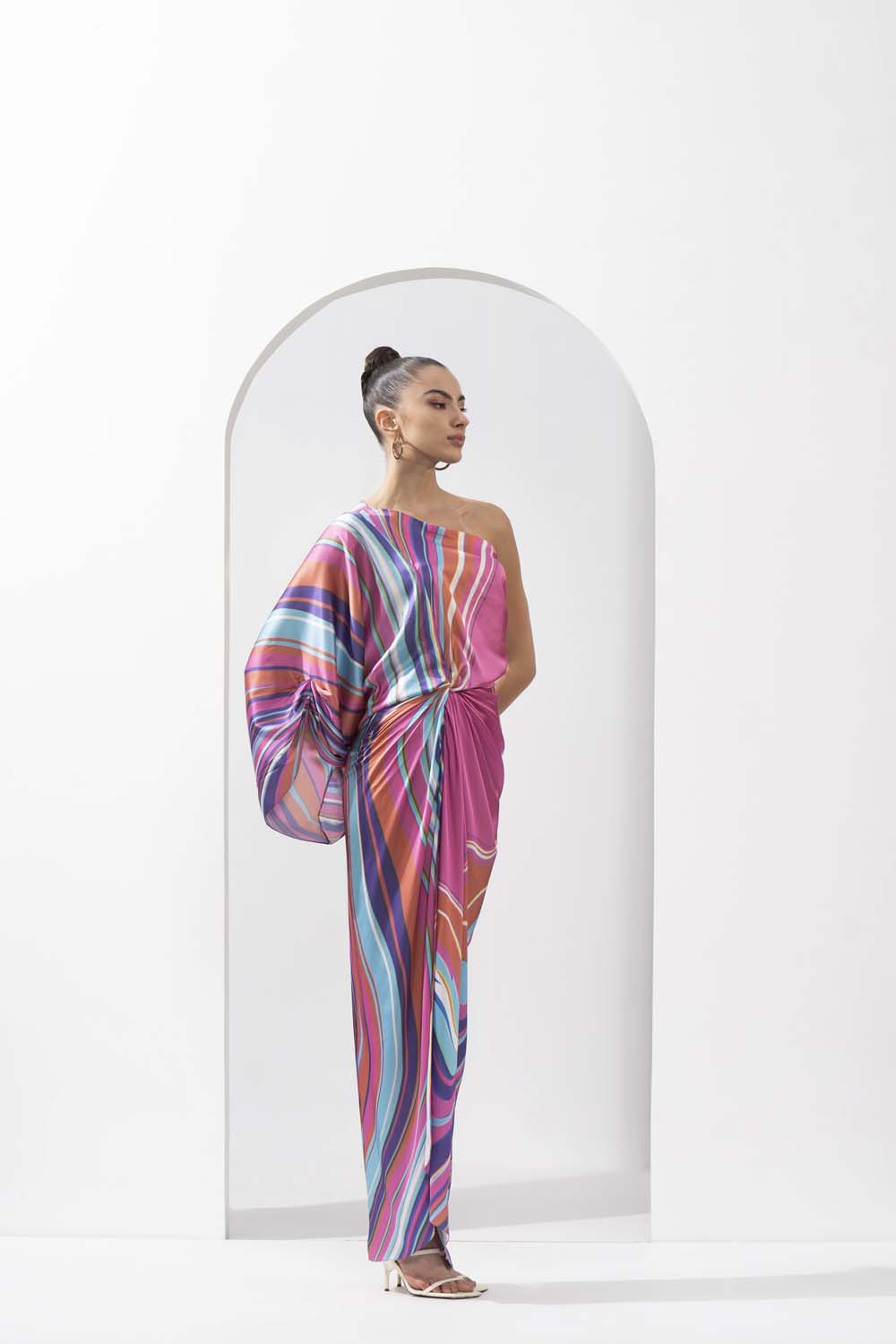 Pink marble placement printed draped dress made with lustrous satin.