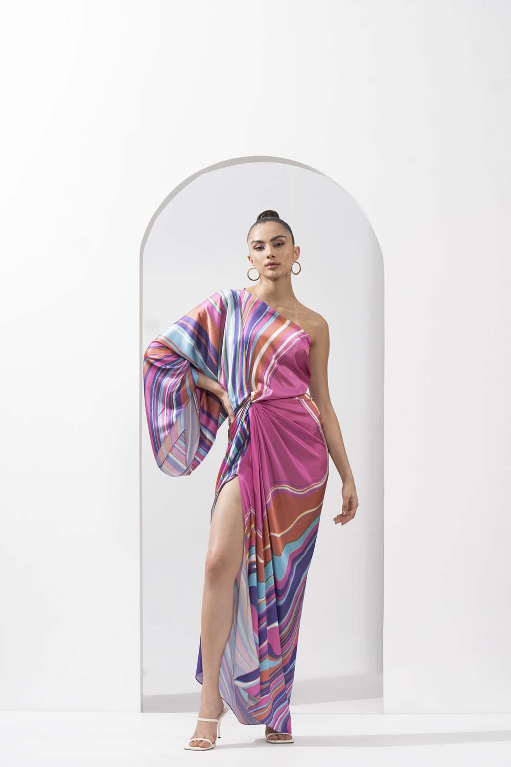 Pink marble placement printed draped dress made with lustrous satin.