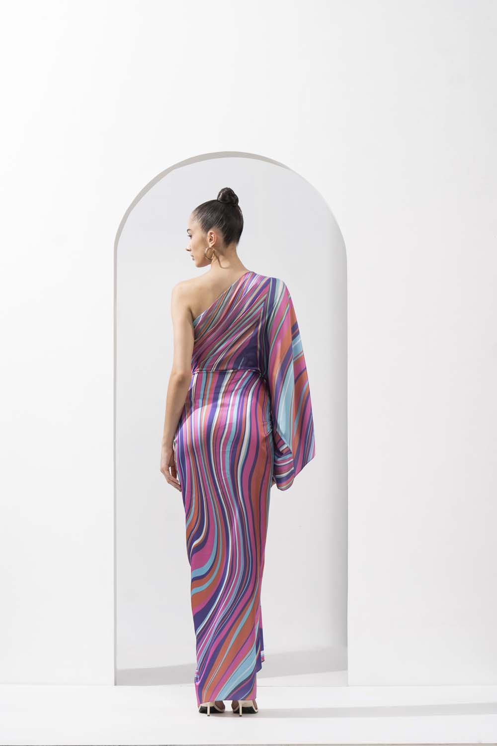 Pink marble placement printed draped dress made with lustrous satin.