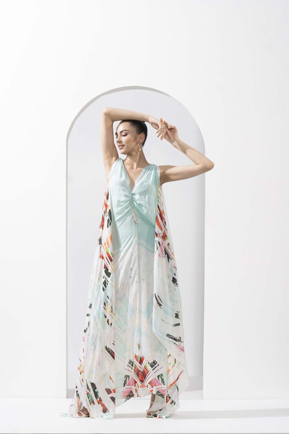 Ocean blue placement printed chiffon kaftan with an A-line hem and ruched detailing.