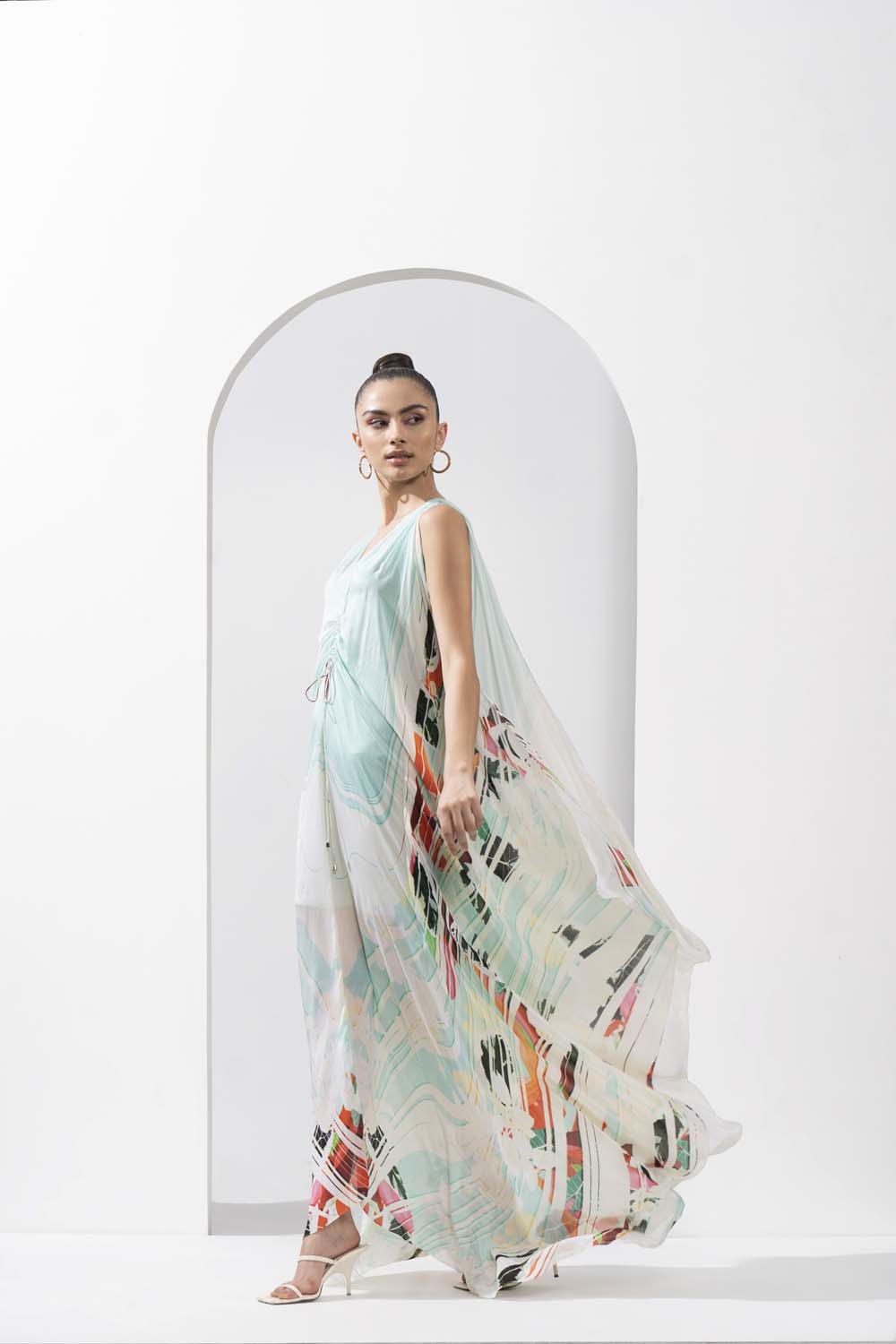 Ocean blue placement printed chiffon kaftan with an A-line hem and ruched detailing.