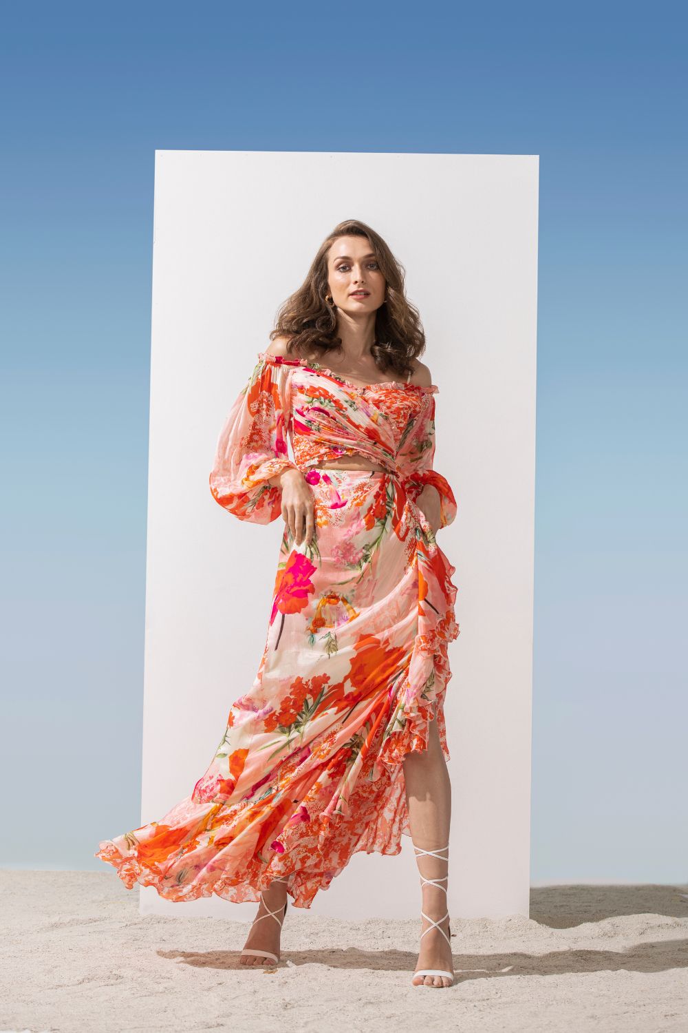 Chiiffon coral printed layered dress