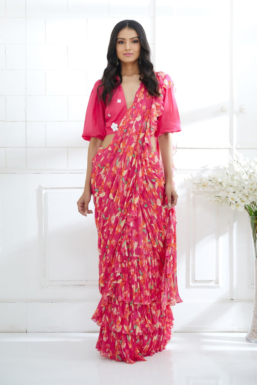 Fuchsia Embroidered Knotted Blouse With Printed  Ruffle Saree