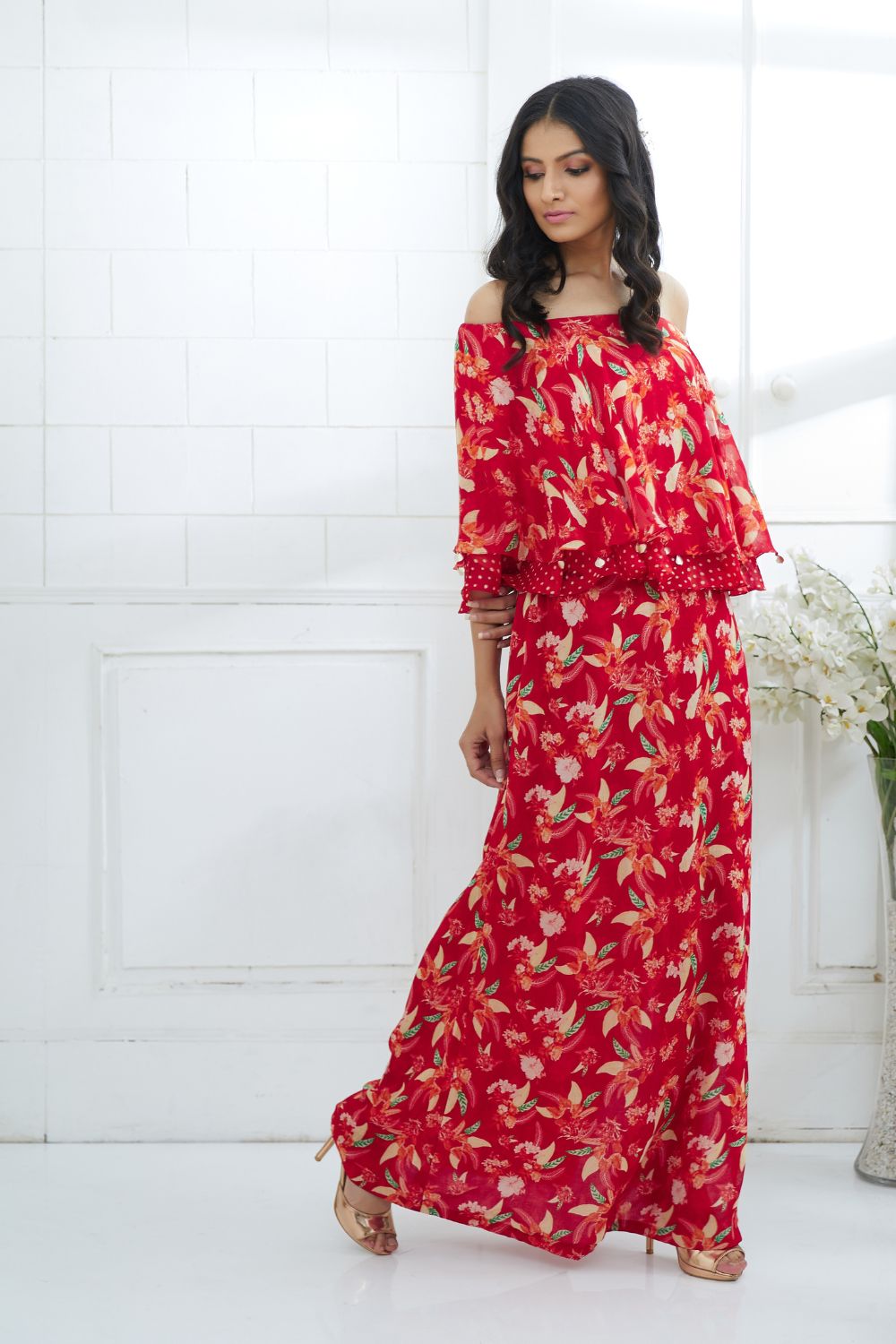 Red Printed Cape Dress With Side Slit