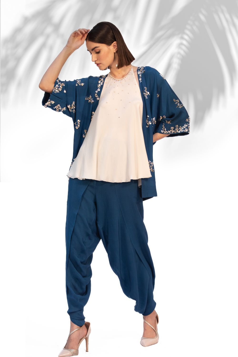 Saphire Blue Kimono With Halter Neck Top And Dhoti Set