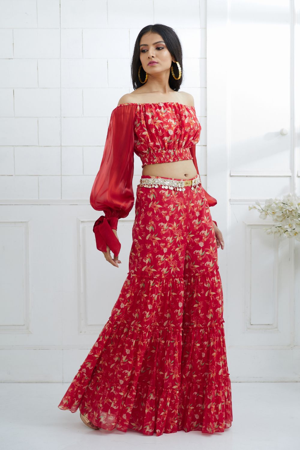 Red Printed Off Shoulder Top With Tiered Sharara