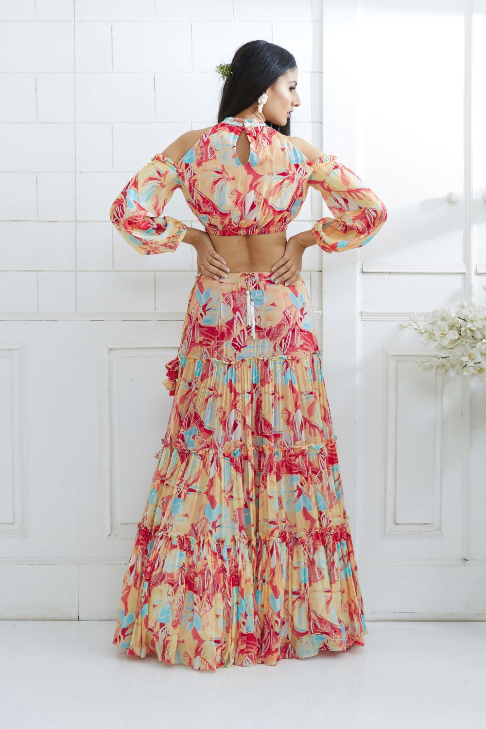 Multicolor Embroidered Top With Tiered Lehenga