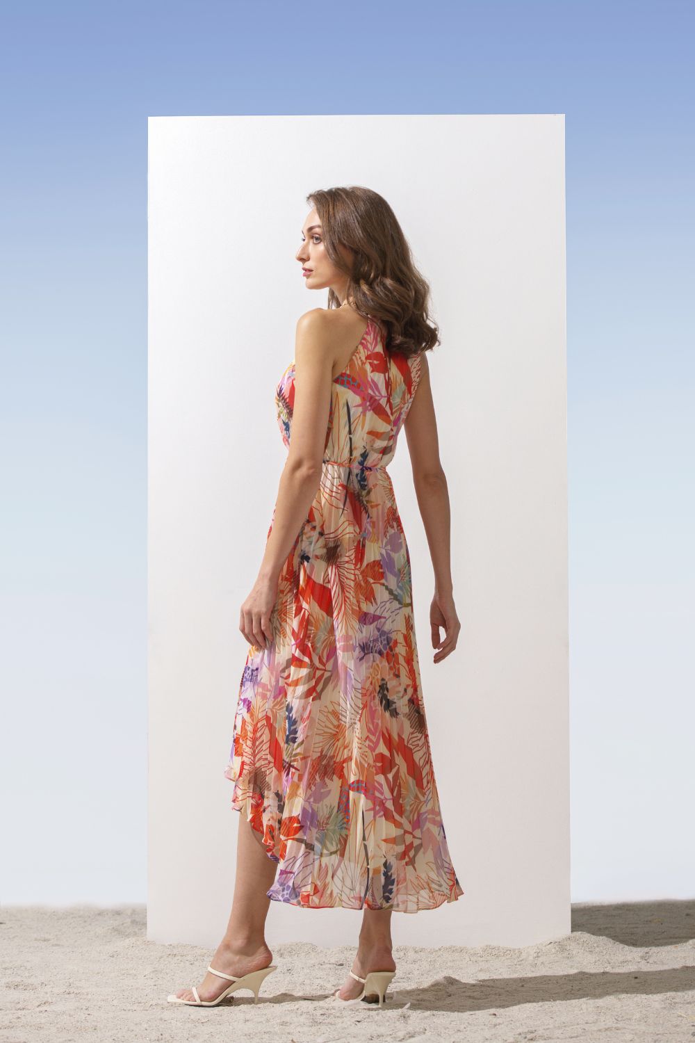 Georgette Coral Multi Prints Pleated Dress