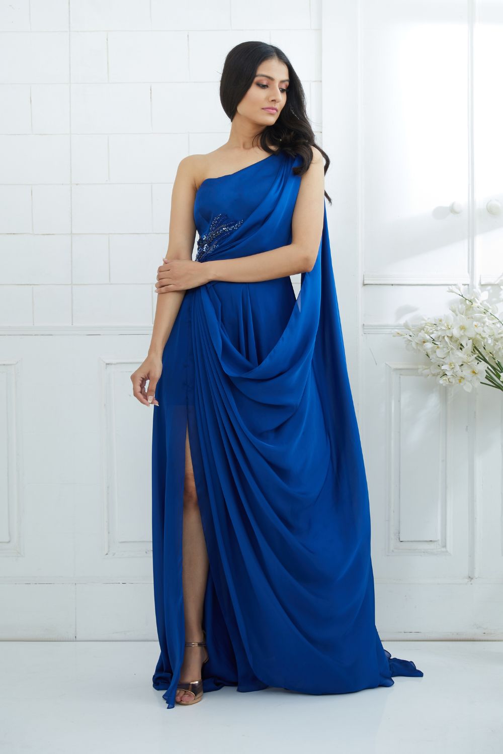 Blue Drape Gown Embellished With Hand Embroidery