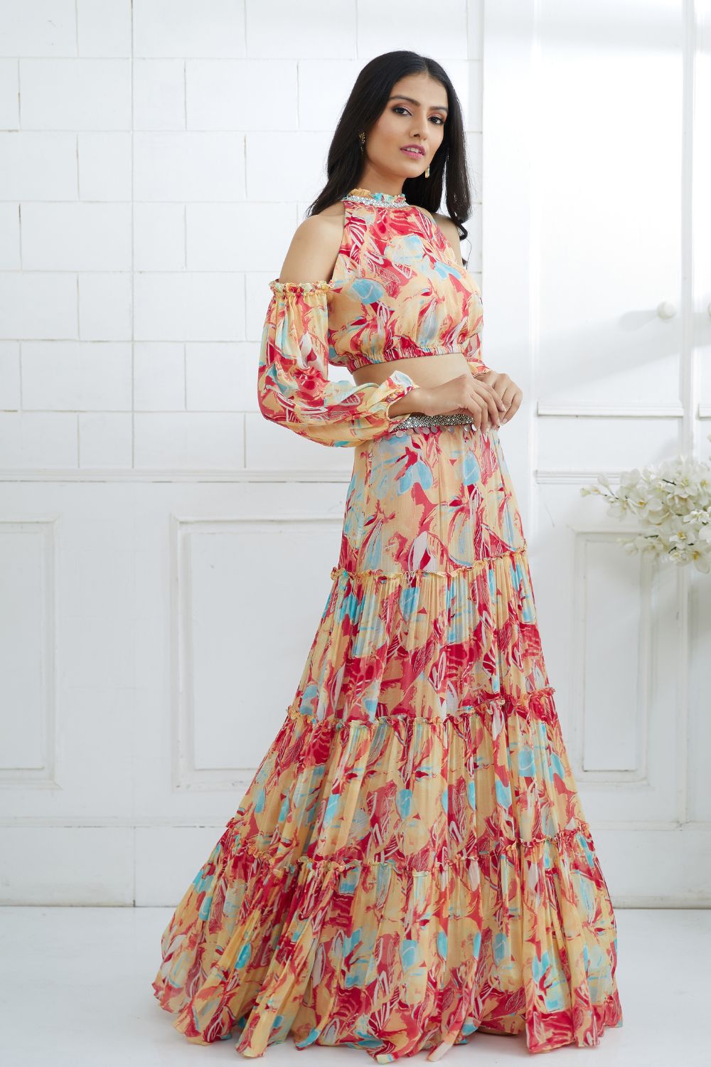Multicolor Embroidered Top With Tiered Lehenga