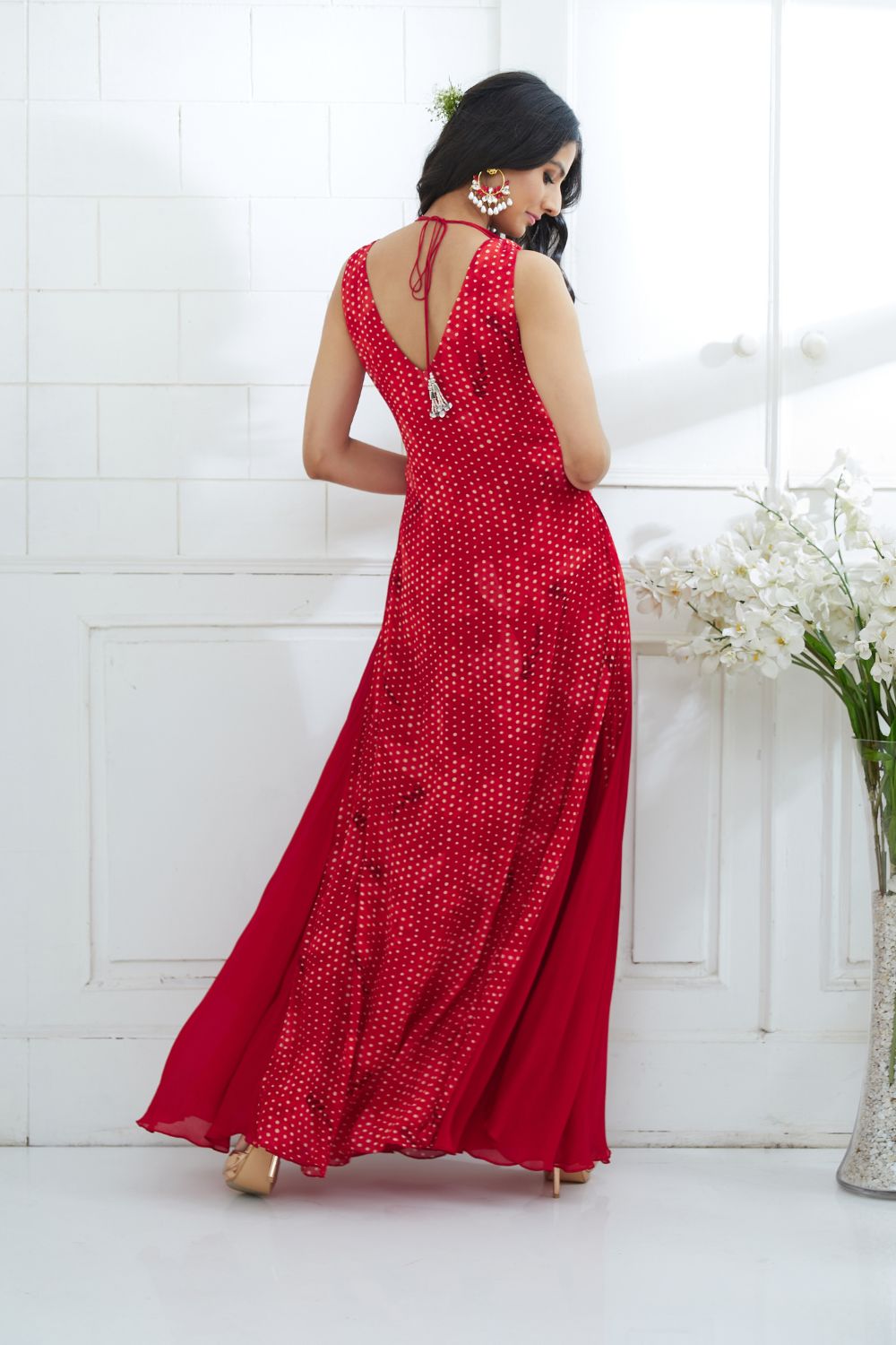 Red Printed Dress With Side Drape
